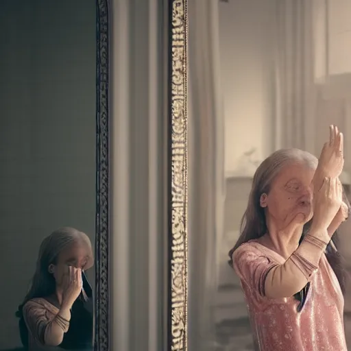 Image similar to an old hag is brushing her hair in front of an ornate mirror, the reflection is of a beautiful young girl, hyper detailed, 4 k octane render