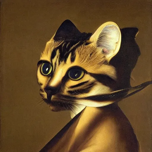 Prompt: oil painting of a cat with his face covered with a cloth, by caravaggio