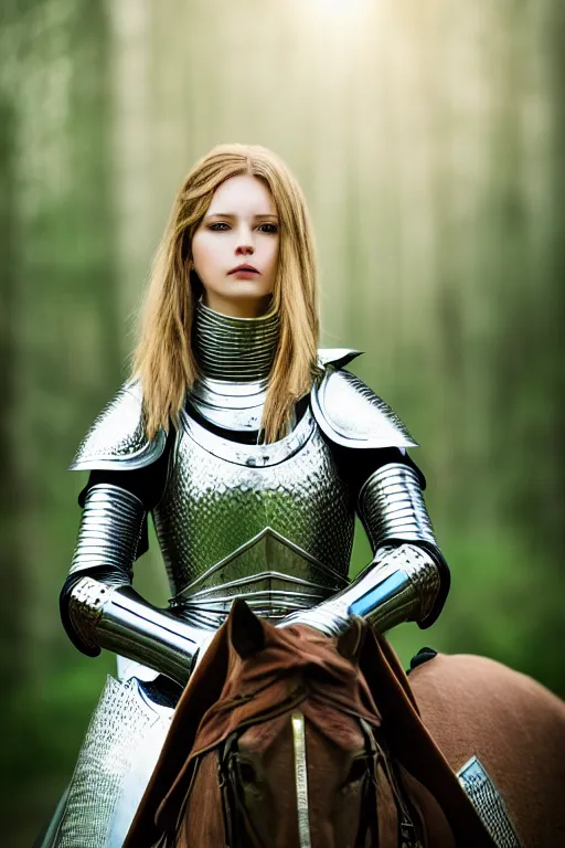 Prompt: photo portrait of female knight in the wild nature, dressed, symmetry, cinematic, elegant, luxury, perfect light, perfect composition, dlsr photography, sharp focus, 4 k, ultra hd, sense of awe, baars ingrid