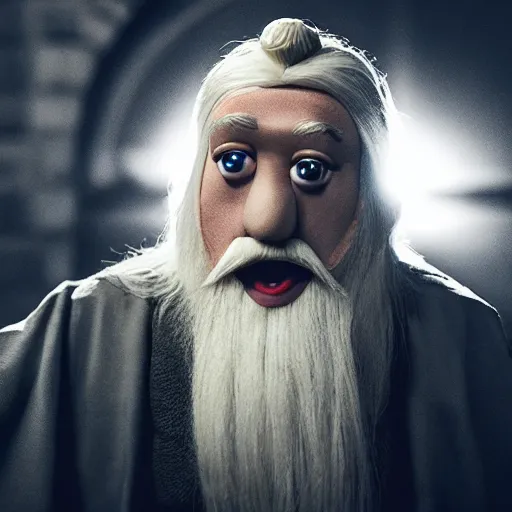 Prompt: Albus Dumbledore depicted as a muppet, photography, cinematic lighting