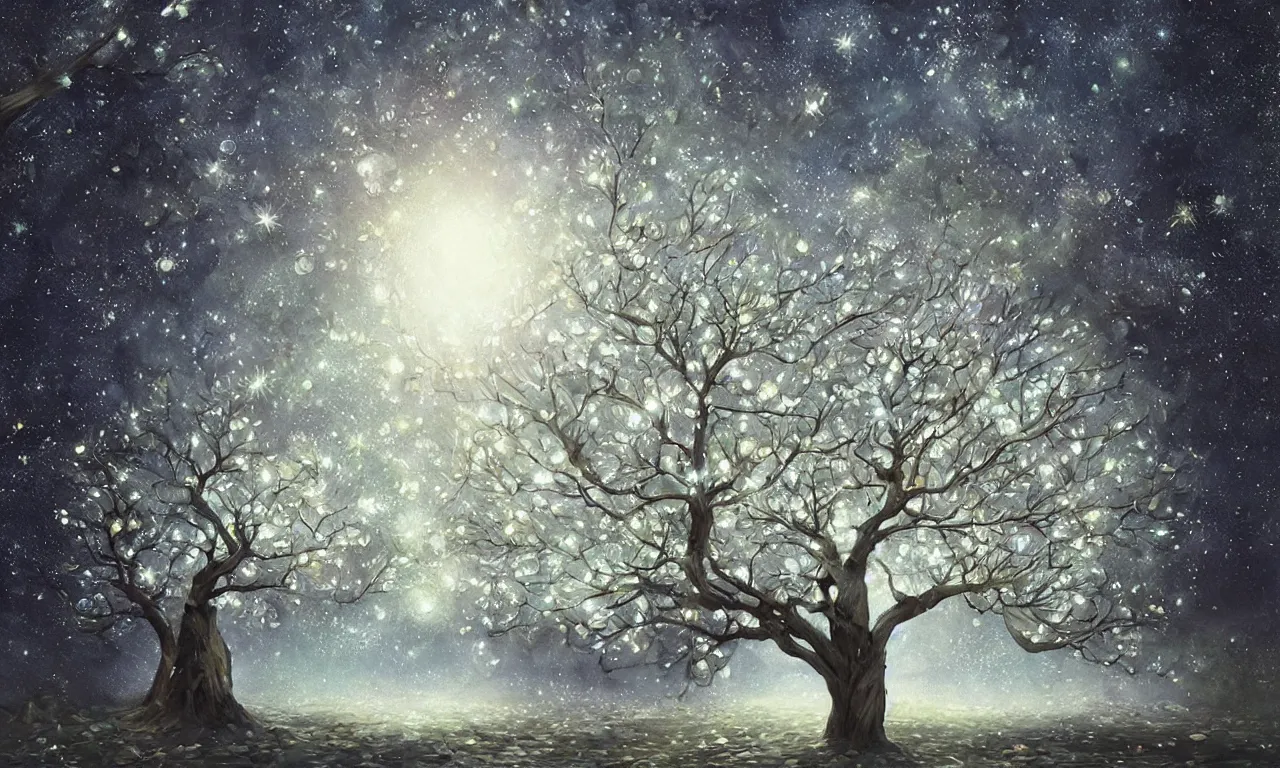 Image similar to a beautiful artwork of a tree with low poly crystal diamond leaves, starry night sky, translucid, pretty lights, pristine marble trunk, elegant, highly detailed, artstation, concept art, matte, sharp focus, art by tom bagshaw, kelogsloops and greg rutkowski