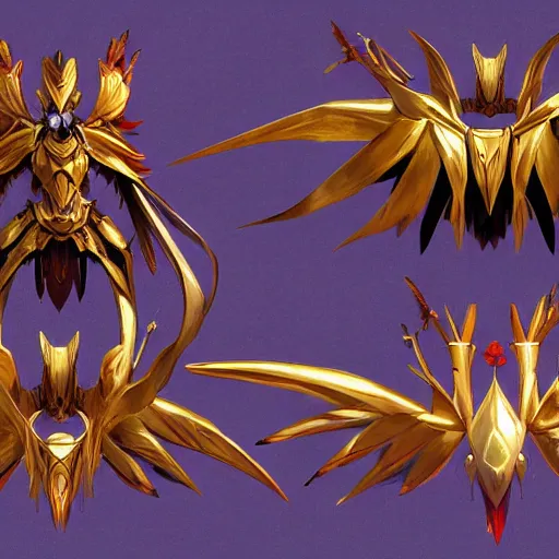 Image similar to cinematic, hyperdetailed league of legends azir armor metroid ravenbeak fanart gold armored bird wings regal gold sunray shaped crown, warframe, destiny, octane ref sheet