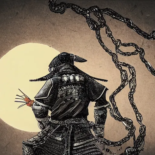 Image similar to A PORTRAIT FROM BEHIND OF A SAMURAI MAN VAGABOND WITH A MOON BEHIND HIM ,THE SAMURAI IS WRAPPED IN CHAINS ,detailed, concept art, ink style , sketch