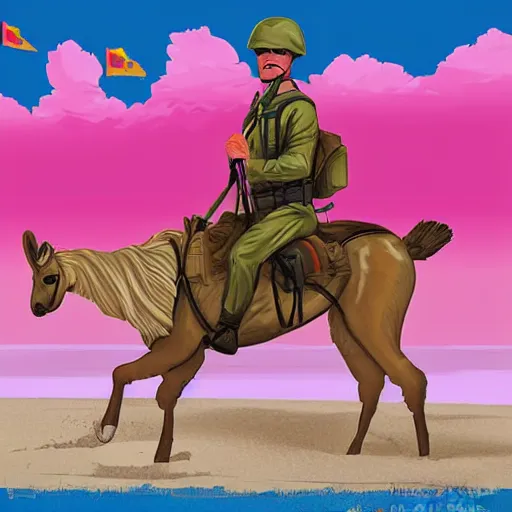 Image similar to A soldier riding on a lama at the beach, digital art, propaganda poster