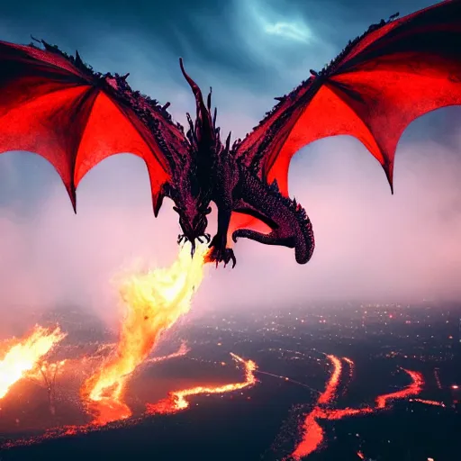 Image similar to horror dragon flying over a city, fire, lava, smoke, ethereal