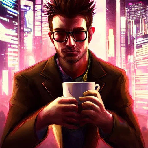 Image similar to portrait of a handsome startup CEO having a cup of coffee. cyberpunk style, digital art artstation cgsociety