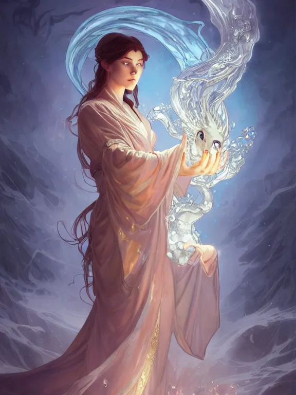 Image similar to summoner wearing robes with a cute water elemental, fantasy, intricate, elegant, highly detailed, digital painting, artstation, concept art, wallpaper, smooth, sharp focus, illustration, art by artgerm and greg rutkowski and alphonse mucha