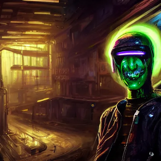 Image similar to focused portrait painting of a punk rock alien wearing a futuristic space suit, cyberpunk city on wall in background, mood lighting, in the style of HRGiger, 8K C 12.0