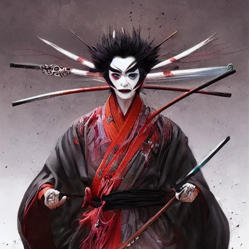 Image similar to an epic portrait of insane kabuki male wielding a spear covered in a distorting aura, intricate hakama, poofy red wig, eerie, highly detailed, dark fantasy, art by artgerm and greg rutkowski