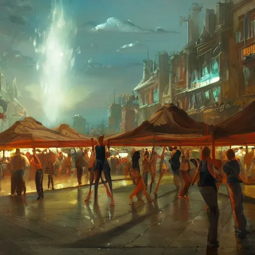 Image similar to concept art, air dancers by farmer's market, 8 k, by james gurney, greg rutkowski, and john howe, background of the sky at dusk, artstation