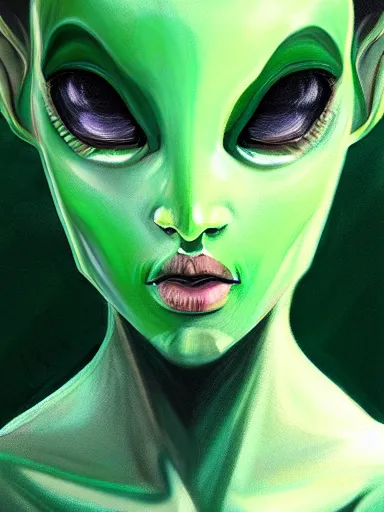 Image similar to green alien girl, portrait, digital painting, elegant, beautiful, highly detailed, artstation, concept art