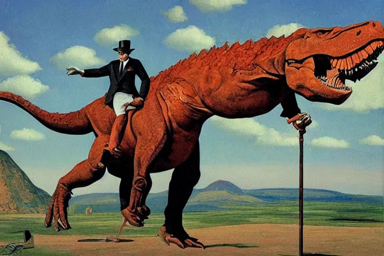 Image similar to Winston Churchill riding a T-Rex, painting by Jean Giraud and René Magritte