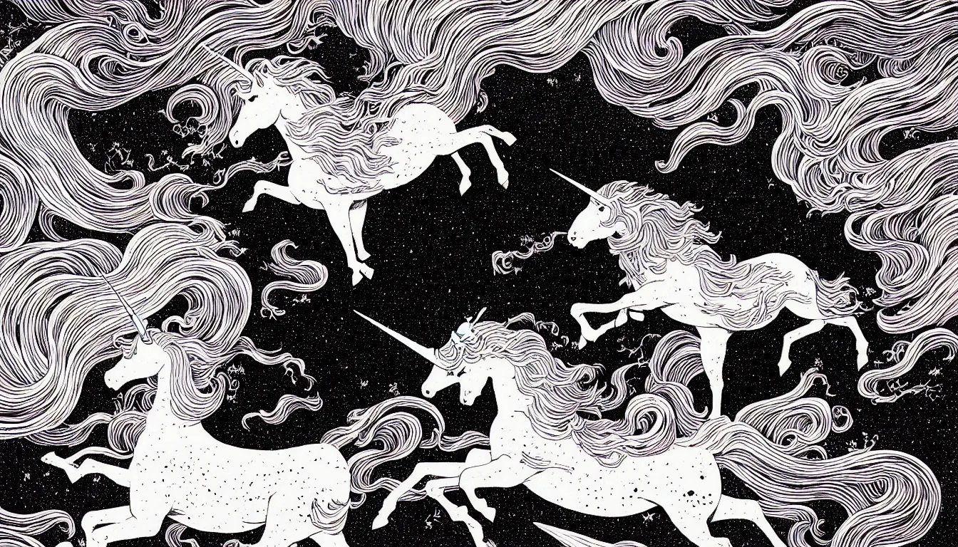 Prompt: unicorn by woodblock print, nicolas delort, moebius, victo ngai, josan gonzalez, kilian eng