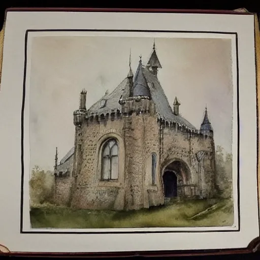 Image similar to (((((((watercolor sketch of Gothic revival castle gatehouse))))))) . muted colors. by Jean-Baptiste Monge !!!!!!!!!!!!!!!!!!!!!!!!!!!!!!!!!!!!!!!!