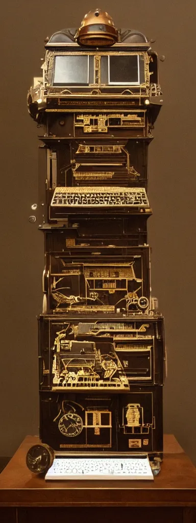 Image similar to An intricate, highly detailed and technologically advanced steampunk computer painted by Rene Magritte and Salvador Dali