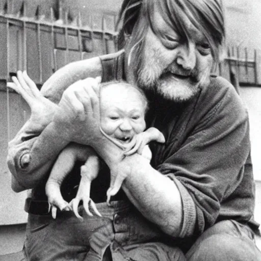 Prompt: robert wyatt cradling a goblin like a baby, photograph