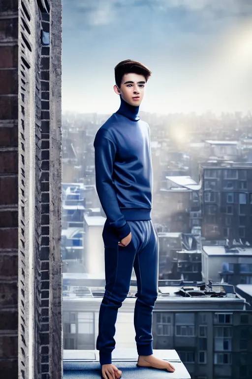 Image similar to un ultra high definition studio quality photographic art portrait of a young man standing on the rooftop of a british apartment building wearing soft padded silver pearlescent clothing. three point light. extremely detailed. golden ratio, ray tracing, volumetric light, shallow depth of field. set dressed.