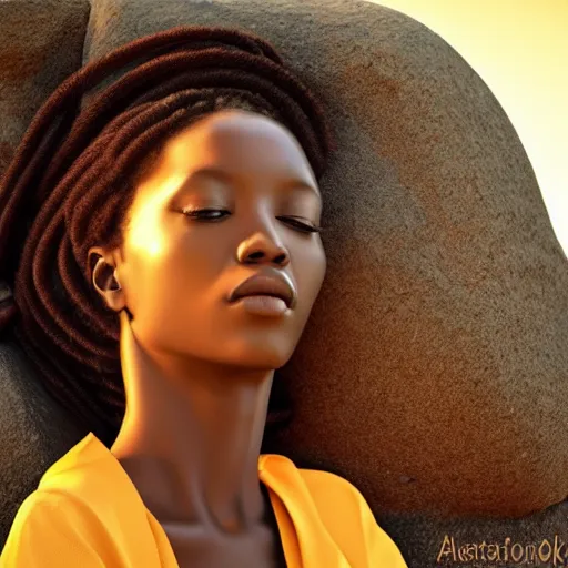 Image similar to a beautiful african woman meditating on a rock, beautiful face, pretty face, trending on artstation, digital art,