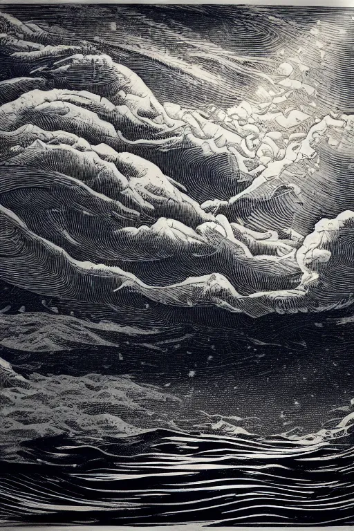 Image similar to a beautiful wood engraving on paper of a storm on the sea, 8 k, frostbite 3 engine, cryengine, dof, trending on artstation, digital art, crepuscular ray