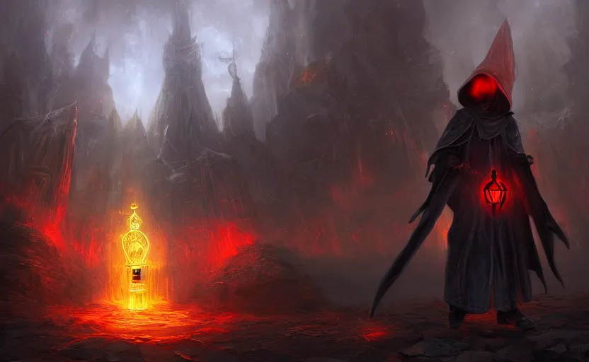 Prompt: red hooded mage, holding a golden bell, standing in front of an arcane gate to another realm, mindblowing, concept art, matte, illustration, ominous, magical, dnd, 4 k uhd, very detailed