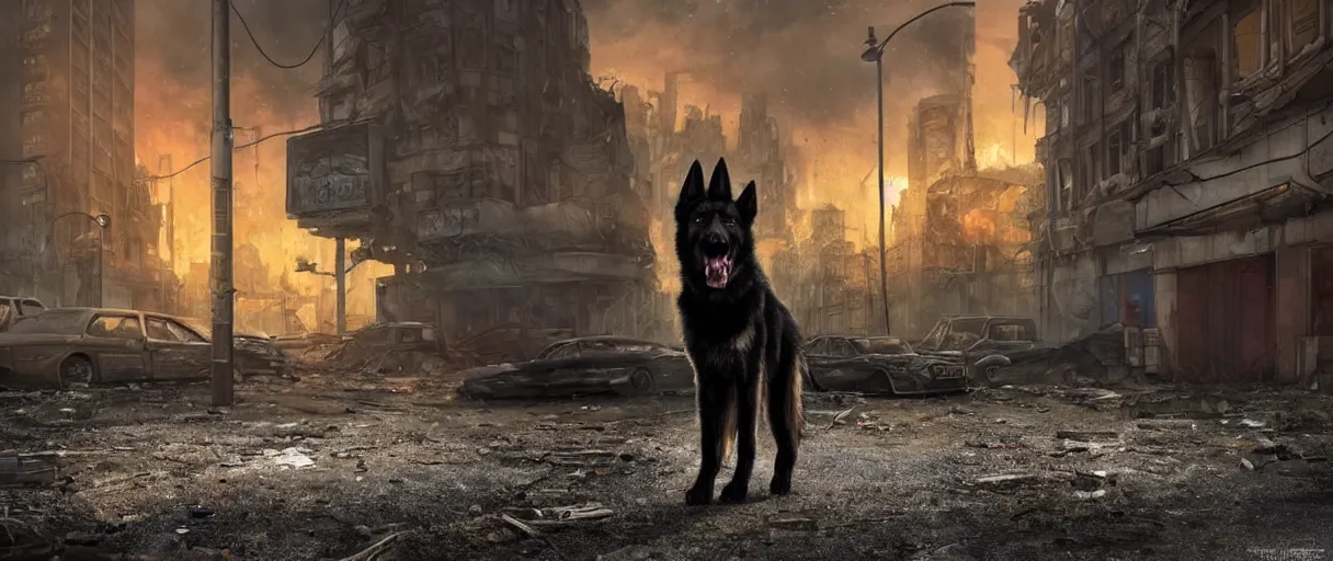 Image similar to A beautiful hyperrealistic ultradetailed matte painting of a scruffy black German Shepherd standing in the middle of city street at night in an abandoned post-apocalyptic city, abaonded cars on fire, crumbling buildings, unreal engine, deviant art, flickr, artstation, octane render, textured, colorful, hyperrealistic, physically based rendering, pbr render, very detailed, volumetric lighting, octane render, 4k, cinematic, 8k resolution,