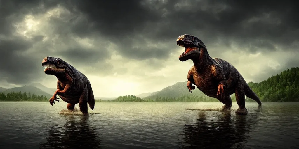 Image similar to amazing prehistoric landscape photo of tyrannosaurus standing on the lake, beautiful dramatic lighting