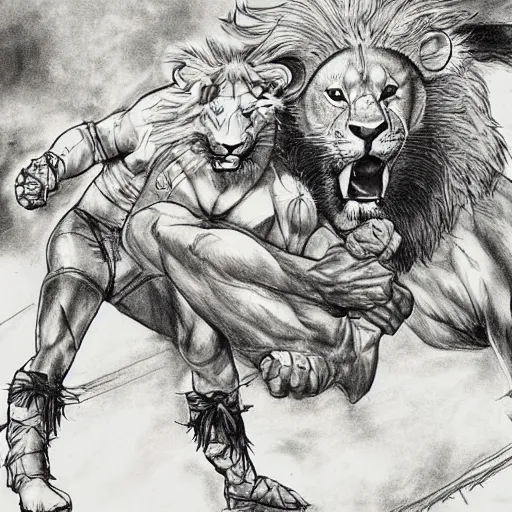 Prompt: one hero wrestling with one lion in the middle of an arena, crowd of people, pencil art, added detail, high definiton, colored, aerial viewyoji shinkawa