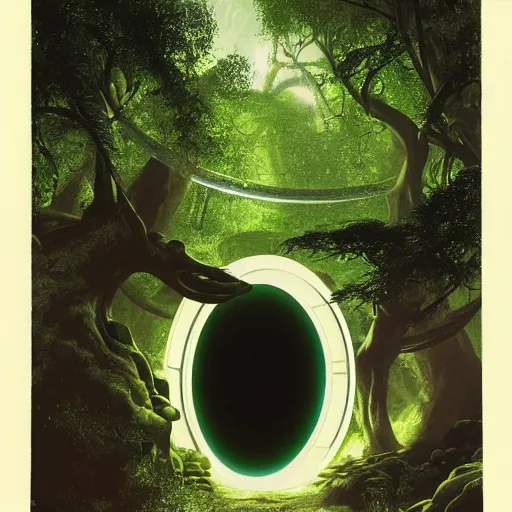 Image similar to portal in a middle of a lush futuristic forest, alien world seen through a portal, person in a cloak standing in front of a portal, syd mead, john harris