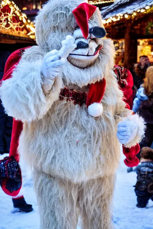 Prompt: a cream colored and very furry yeti wearing lederhosen singing carols in a German Christmas market, very detailed n -6