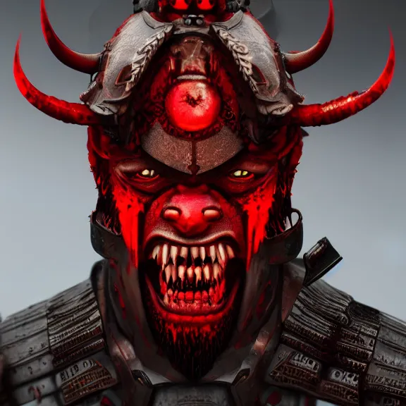 Image similar to a portrait of a angry samurai as a demon, hellish, blood, unreal engine, octane render, artstation, digital art.