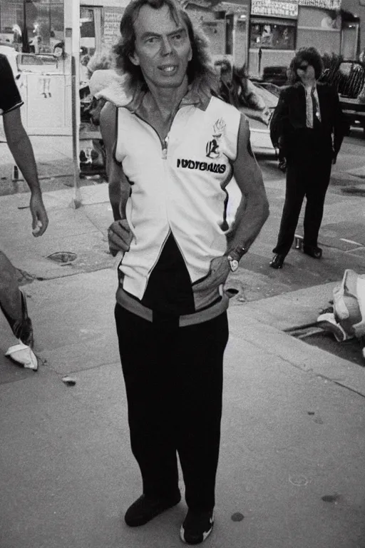 Image similar to Tony Blair with a mullet hair style, dressed in white 1980s tracksuit and trainers, standing outside a nightclub