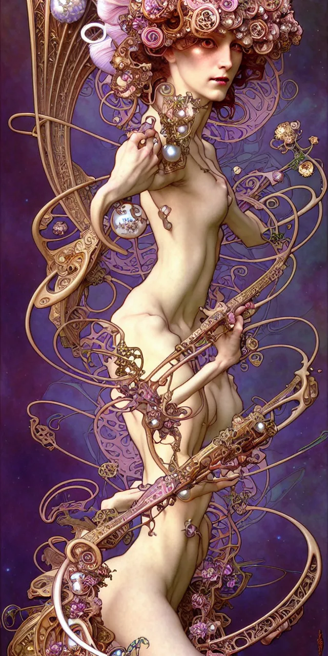 Image similar to beautiful princess art nouveau fantasy character portrait, ultra realistic, intricate details, the fifth element artifacts, highly detailed by peter mohrbacher, hajime sorayama, wayne barlowe, boris vallejo, aaron horkey, gaston bussiere, craig mullins alphonse mucha, art nouveau curves and spirals, flowers, pearls, jewels scattered