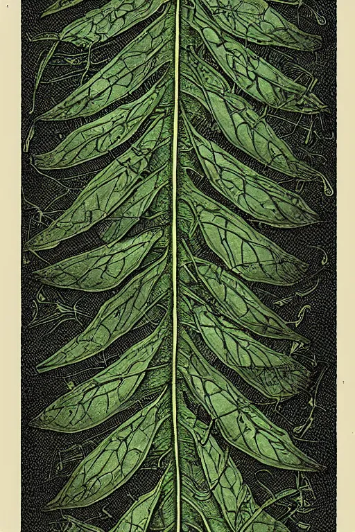 Prompt: scan of smiling leaves of an old cursed herbarium, by john howe, infographic, textbook, marginalia, cursed, alien