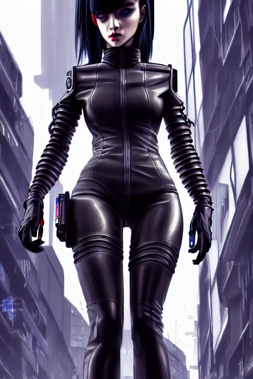 Image similar to hyperdetailed very close portrait of a stunning european woman with grey eyes in a leather suit with a pin in a cyberpunk city inspired by ross tran and wlop and masamune shirow and kuvshinov, concept art, intricate, photorealistic, octane render, rtx, hdr, unreal engine, dnd digital art by artgerm