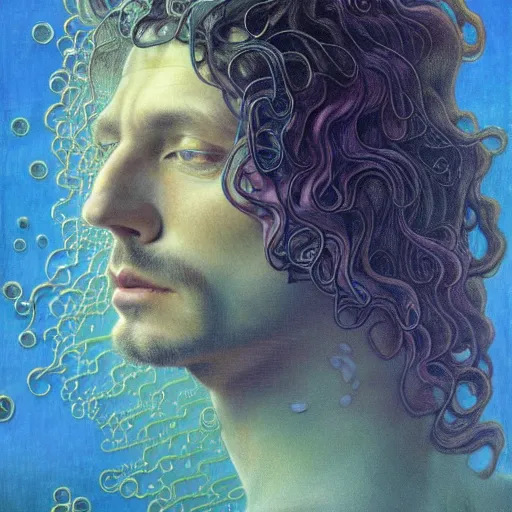 Prompt: realistic extremely detailed portrait painting of an average man with exposed clear plastic brain case and long curly hair, retro futuristic ,floating in black water , by Jean Delville, Amano, Yves Tanguy, Alphonse Mucha, Ernst Haeckel, Edward Robert Hughes, Roger Dean, and greg rutkowski and alphonse mucha, rich moody colors, blue eyes,octane render,4k,f32,