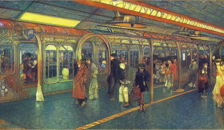 Image similar to A disco train station, by Moebius, Renoir, Mucha