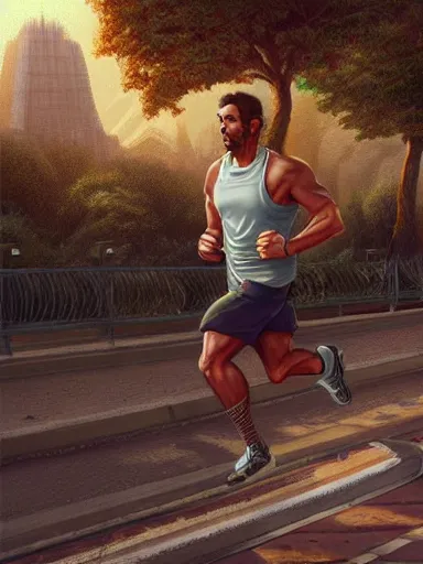 Image similar to a handsome man jogging. intricate, elegant, highly detailed, digital painting, artstation, cinematic shot, concept art, sharp focus, illustration, by justin gerard and artgerm, 8 k