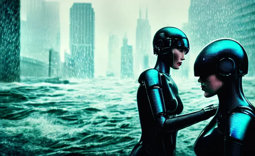 Image similar to cinestill 5 0 d candid photographic portrait by ridley scott of two loving female androids sobbing wearing rugged black mesh techwear in treacherous waters, flooded city, medium closeup, retrofuturism cyberpunk moody emotional cinematic, pouring iridescent rain bright spotlight helicopter, 8 k, hd, high resolution, 3 5 mm, f / 3 2, ultra realistic faces, ex machina