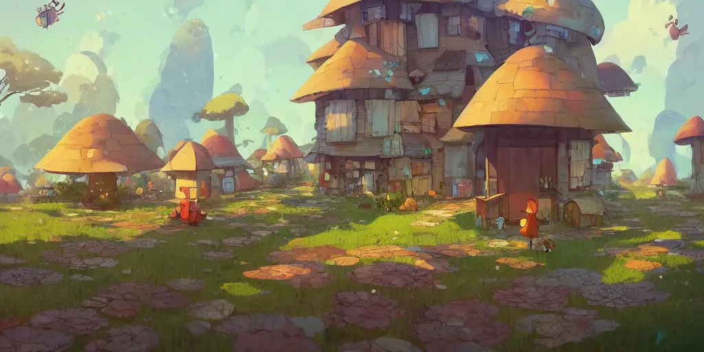 Image similar to mushroom houses in mushroom village by cory loftis & akihiko yoshida & james gilleard & atey ghailan & makoto shinkai & goro fujita & studio ghibli, rim light, exquisite lighting, clear focus, very coherent, plain background, soft painting, photorealistic, unreal engine 5, 4 k