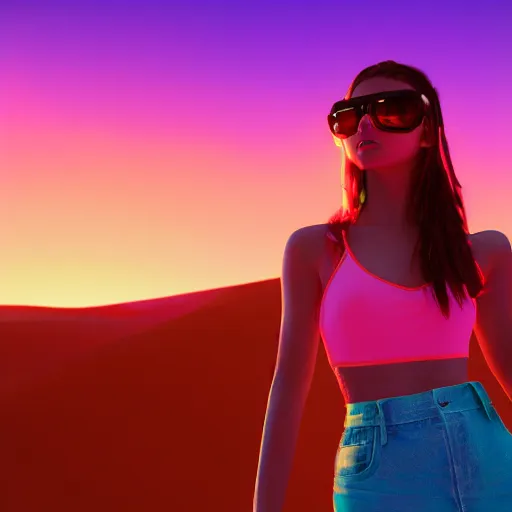 Image similar to a girl glowing with neon colors in the middle of a beautiful desert sunrise, photorealistic, 8k resolution, octane render, unreal engine