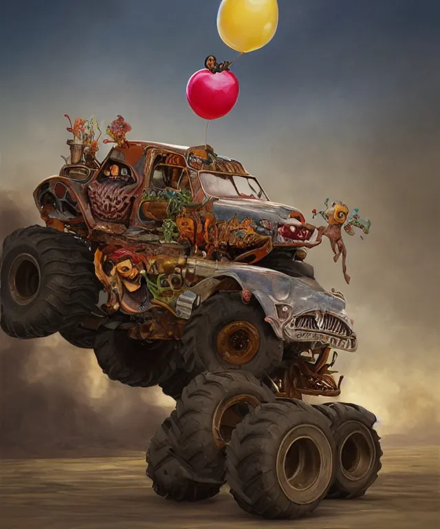 Image similar to danny trejo, cinematic, driving monster truck grave digger, holding a balloon elegant, highly detailed, digital painting, artstation, smooth, hard focus, illustration, art by jessica rossier and and brian froud