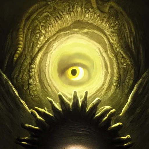 Image similar to an eye inside a mouth of a child with pointed teeth and glowing yellow eyes, nightmare, dark, h. p. lovecraft, portrait, intricate, detailed, volumetric lighting, scenery, digital painting, highly detailed, artstation, sharp focus, illustration, concept art, art by artgerm and greg rutkowski