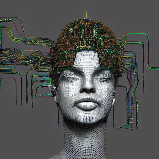 Image similar to tapping in to something greater, piles of modular synth cables, goddess laying down wearing a headpiece made of circuit boards balenziaga, wlop, stanley kubrick, masamune, hideki anno, unique perspective, trending on artstation, 3 d render, smooth render