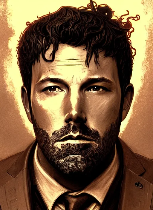 Image similar to portrait of ben affleck, volumetric lights, feast, music notes, art nouveau botanicals, gothic, intricate, highly detailed, digital painting, artstation, concept art, smooth, sharp focus, symmetric face, illustration, steampunk, art by artgerm and greg rutkowski and alphonse mucha