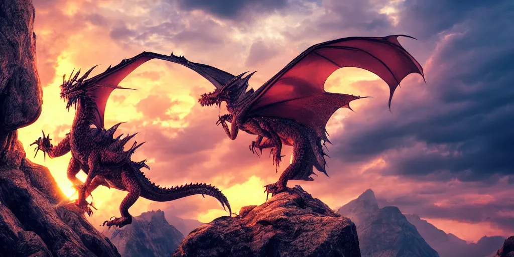 Image similar to A impressive single dragon with half open wings breathing fire and standing on the top of a mountain, epic composition, epic lighting, detailed and intricate image, cinematic, 4K