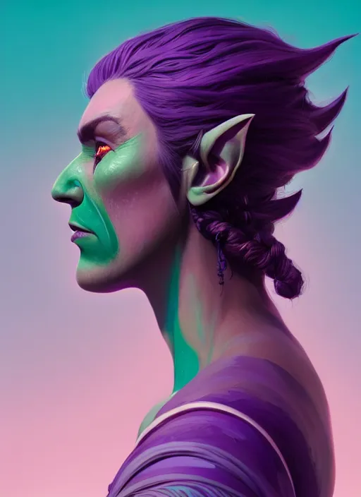 Prompt: side profile centered painted portrait, female orc forest druid, purple teal skin, tribal, d & d, gloomhaven, matte painting concept art, art nouveau, beautifully backlit, swirly vibrant color lines, fantastically gaudy, aesthetic octane render, 8 k hd resolution, by ilya kuvshinov and cushart krentz and gilleard james