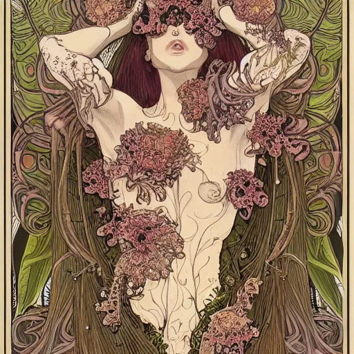 Image similar to a beautiful detailed front view portrait of a rotten woman corpse with fractal plants and fractal flowers and mushrooms growing around, symmetrical, ornate, ornamentation, illustration, in the style of art nouveau, mucha