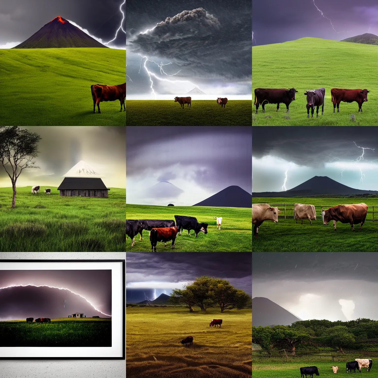 Prompt: a grassy landscape with a singular house and five cows during thunderstorm, dark sky, volcano in the background, dark colored background, hyperdetailed, hyperrealistic, award winning professional photograph, 8 k