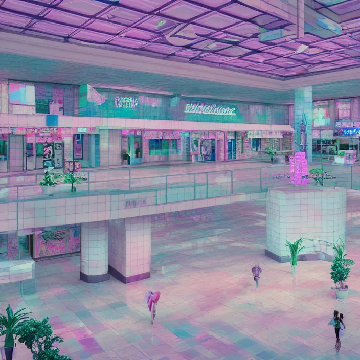 Image similar to vaporwave 9 0 s dreamy empty shopping mall, highly detailed, 3 d render, vray, octane, realistic lighting, photorealistic