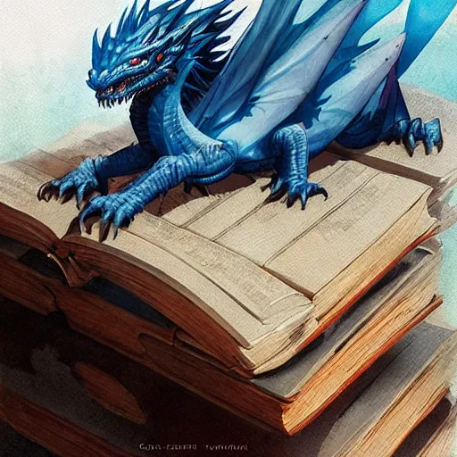 Image similar to blue dragon sitting on a hoard of books, fantasy, dnd, art by greg rutkowski